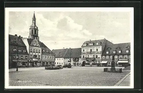 AK Pulsnitz, Marktplatz mit Rathaus und Hotel Grauer Wolf