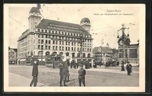 AK Essen / Rhur, Hauptbahnhof, Strassenbahn am Hotel & Restaurant Handelshof