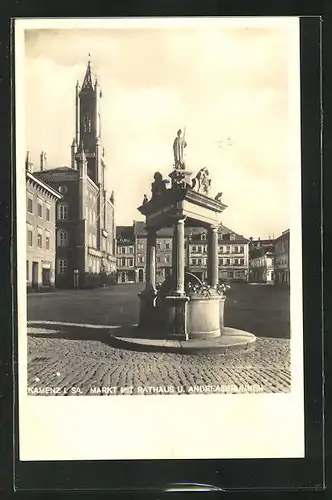 AK Kamenz, Blick auf den Markt mit Rathaus und Andreasbrunnen