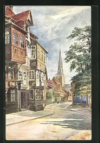 Künstler-AK Hildesheim, Brühl-Strasse mit Blick auf die Andreaskirche