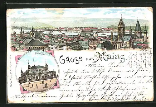 Lithographie Mainz, Totalansicht der Stadt mit Stadthalle