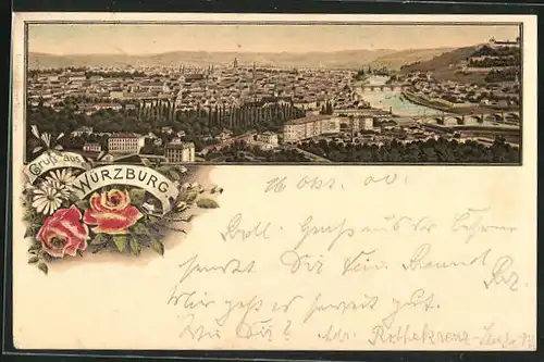 Lithographie Würzburg, Panoramablick auf die Stadt