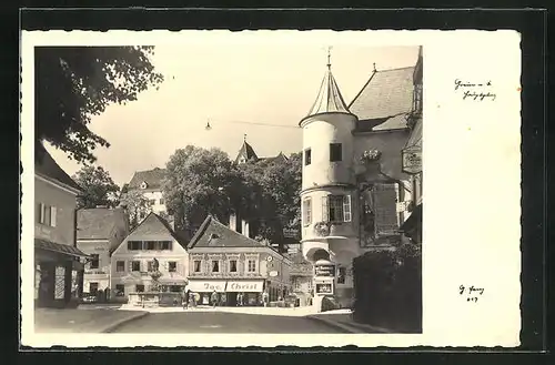 AK Grein a, Donau, Ortspartie mit Gasthaus Jac. Christ und Geschäft