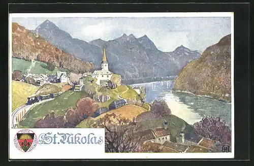 Künstler-AK Deutscher Schulverein Nr. 285: St. Nikola, Ortspartie mit Kirche