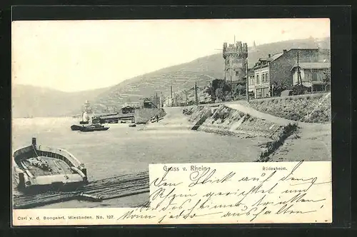 AK Rüdesheim / Rhein, Ortspartie am Flussufer