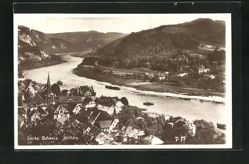 AK Wehlen / Sächs. Schweiz, Ortsansicht mit Blick ins Elbtal