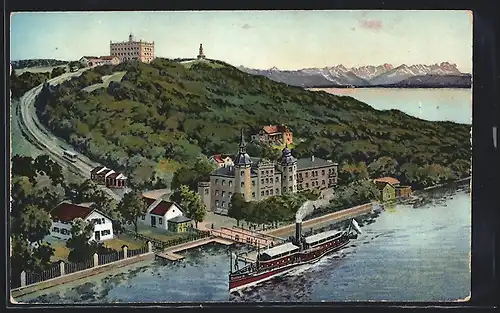 AK Leoni, Damferanlegestelle mit Bismarckturm u. Drahtseilbahn zur Rottmannshöhe