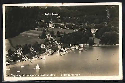 AK Possenhofen, Flugzeugaufnahme mit Gasthof Schauer und Starnbergersee