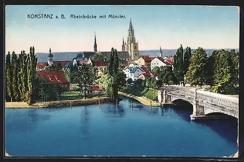 AK Konstanz a. B., Rheinbrücke mit Münster