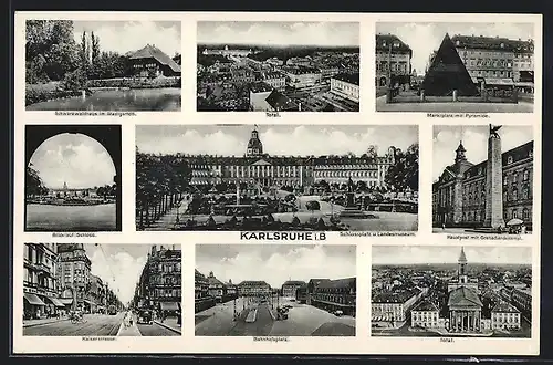 AK Karlsruhe i. B., Kaiserstrasse mit Geschäften und Strassenbahn, Schwarzwaldhaus im Stadtgarten, Blick auf Schloss