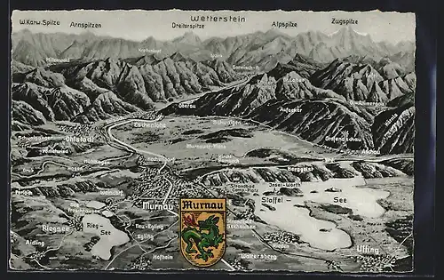 AK Murnau, Panorama mit Eschenlohe, Hofheim und Egling gegen die Alpenkette: Dreitorspitze, Zugspitze und Alpsitze