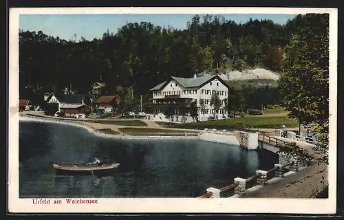 AK Urfeld, Wiesmayers Hotel Post und Jäger am See, Ruderboot