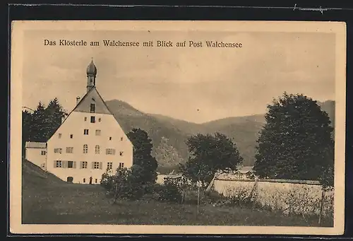 AK Walchensee, Das Klösterle am Walchensee mit Blick Hotel zur Post