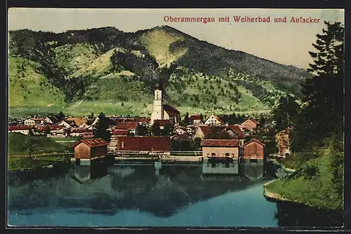 AK Oberammergau, Teilansicht mit Kirche, Weiherbad und Aufacker