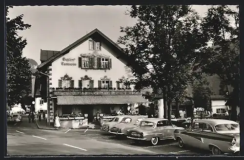 AK Oberammergau, Gasthof Turmwirt mit Parkplatz