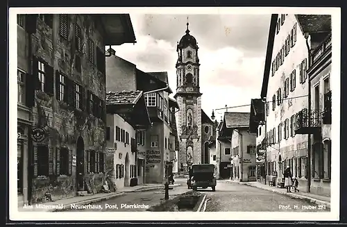 AK Mittenwald, Neunerhaus mit Post und Pfarrkirche