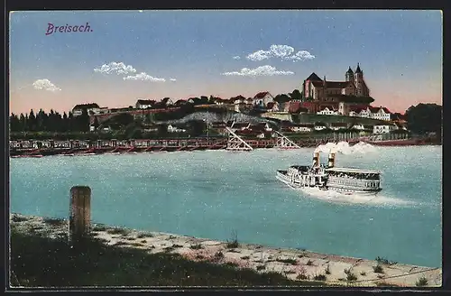 AK Breisach, Uferpartie mit Kirche und Dampfer