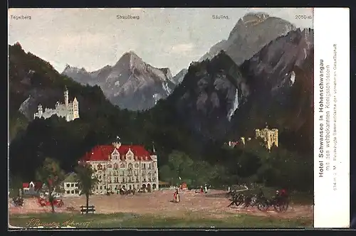 Künstler-AK Hohenschwangau, Hotel-Pension Schwansee, Gebirgspanorama