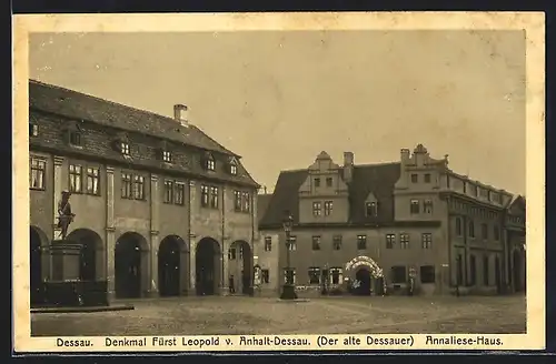AK Dessau, Denkmal Fürst Leopold von Anhalt-Dessau (Der alte Dessauer), Annaliese-Haus