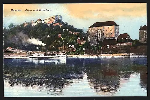 AK Passau, Ober- und Unterhaus, Donaupartie mit Dampfer