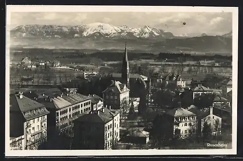 AK Rosenheim, Ortspartie mit Kirche aus der Vogelschau