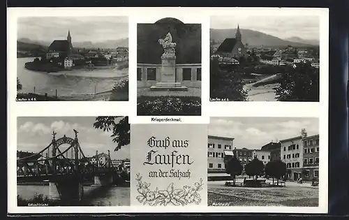 AK Laufen an der Salzach, Kriegerdenkmal, Marktplatz, Kirchen, Salzachbrücke
