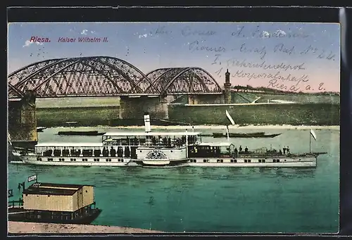 AK Riesa, Dampfer Kaiser Wilhelm II. eine Elbbrücke passierend