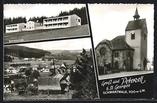 AK Peterzell / Schwarzwald, Sanatorium, Kirche und Ortsansicht