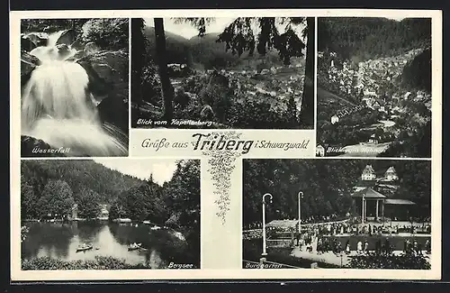 AK Triberg / Schwarzwald, Blick vom Kapellenberg, Wasserfall, Bergsee, Burggarten u. Blick vom Hohnen