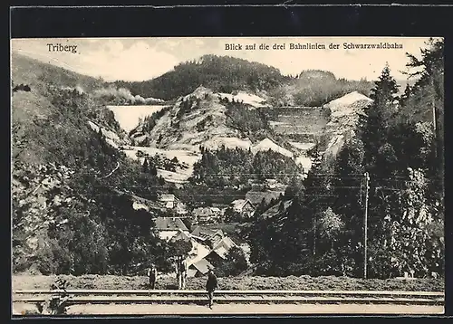 AK Triberg / Schwarzwald, Blick auf die drei Bahnlinien der Schwarzwaldbahn