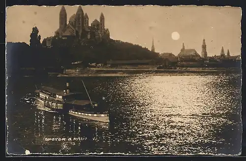 AK Speyer, Panorama im Mondschein, Dampfer auf dem Rhein