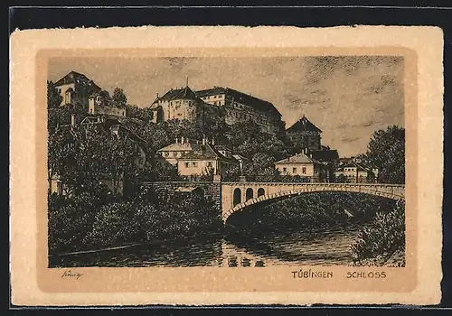 Künstler-AK Tübingen, Schloss mit Brücke