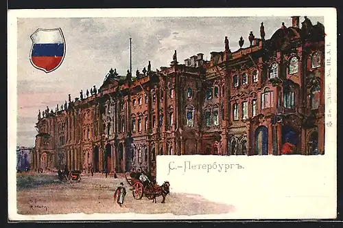 Künstler-AK St. Petersburg, Strassenpartie mit Gebäudeansicht u. Wappen