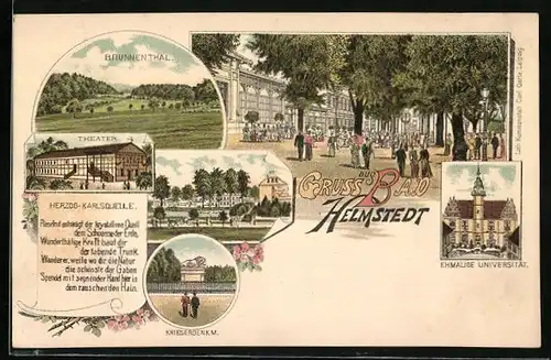 Lithographie Helmstedt, Brunnenthal, Theater, Kriegerdenkmal