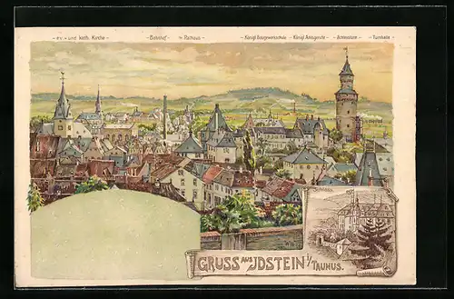 Lithographie Idstein i. Taunus, Panorama mit Bahnhof, Rathaus und Schlossturm