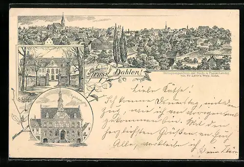 Lithographie Dahlen, Rathaus, Schloss, Panorama