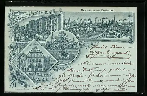 Lithographie Dortmund, Altes Rathaus, Vehmlinde, Kaiserstrasse