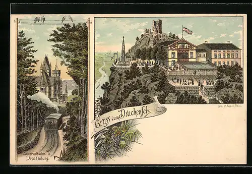 Lithographie Königswinter, Gasthaus Drachenfels, Zahnradbahn und Drachenburg