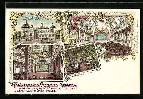 Lithographie Chemnitz-Schönau, Gasthaus Wintergarten, Inneres Krystall-Palast und Tropfsteingrotten Saal Flora