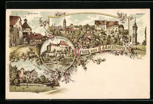 Lithographie Cadolzburg, Burg West- und Südostansicht, Burgausgang, Aussichtsturm