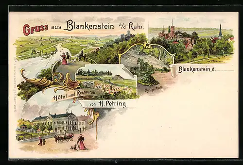 Lithographie Blankenstein an der Ruhr, Hotel und Restaurant von H. Petring, Königsplatz, Totalansicht