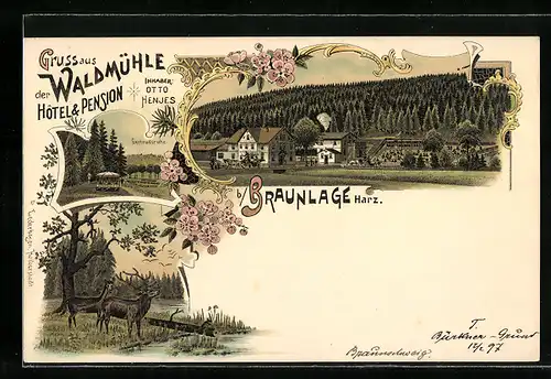 Lithographie Braunlage, Hotel & Pension Waldmühle von Otto Henjes