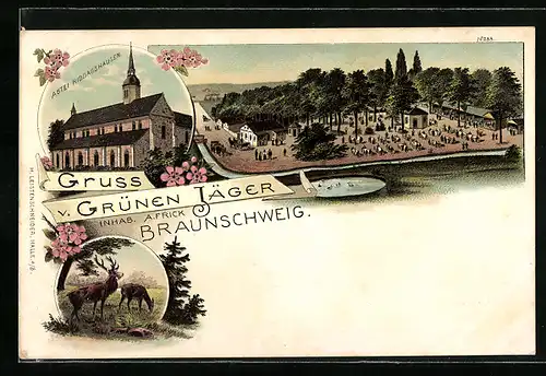 Lithographie Braunschweig, Gasthaus zum grünen Jäger und Abtei Riddagshausen