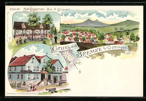 Lithographie Bremke b. Göttingen, Totalansicht mit Hotel Berggarten