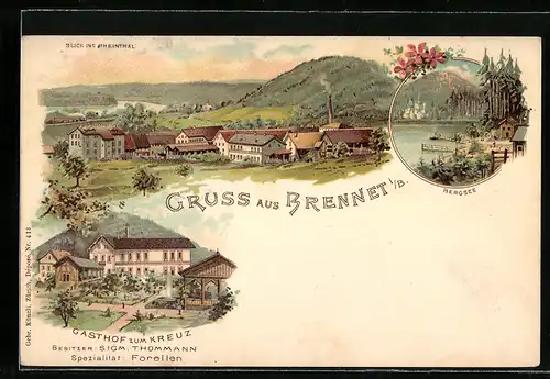 Lithographie Brennet i. B., Gasthof zum Kreuz, Bes. Sigm. Thommann, Bergsee, Blick ins Rheinthal