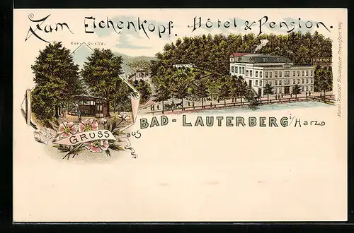 Lithographie Bad Lauterberg, Hotel-Pension Zum Eichenkopf mit Kur-Quelle
