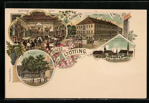 Lithographie Altötting, Altdeutsches Zimmer, Postgartl, Hotel Post, Kapellenplatz