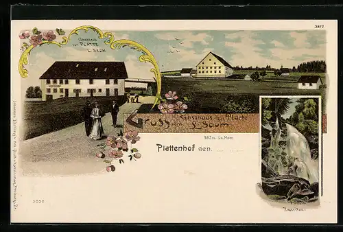 Lithographie Obersimonswald, Strassenpartie am Gasthaus zur Platte, Zwerifall