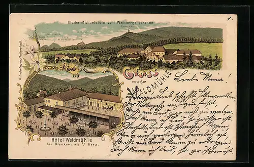 Lithographie Blankenburg a. Harz, Hotel Waldmühle, Kloster Michaelstein mit Teufels-Mauer vom Weinberge aus gesehen