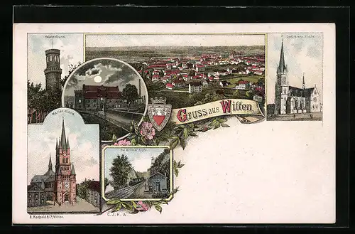 Lithographie Witten, Ortsansicht aus der Vogelschau, Kirchen, Wittener Köpfe, Helenenthurm